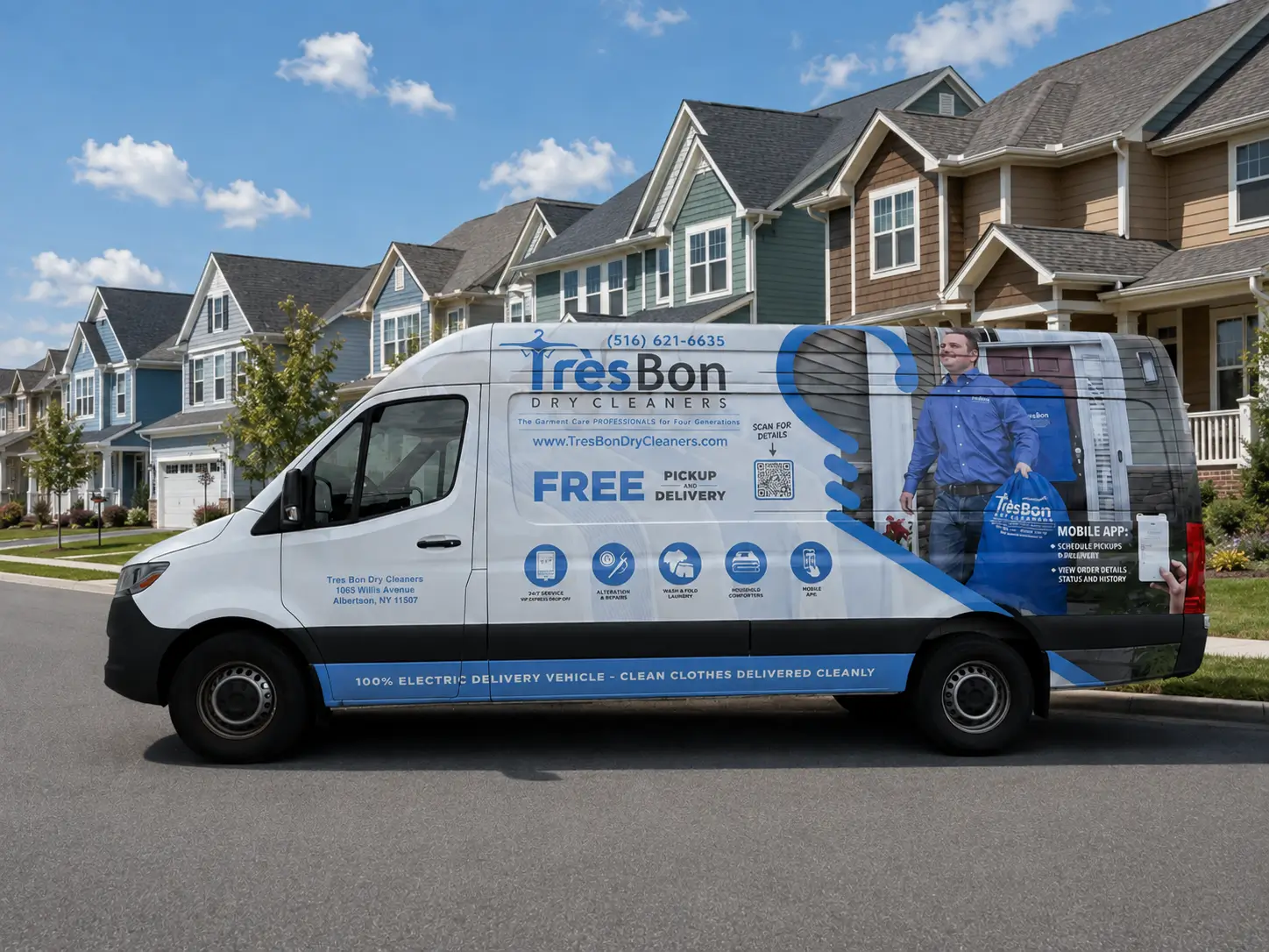 Tres Bon pickup and delivery van with the new logo